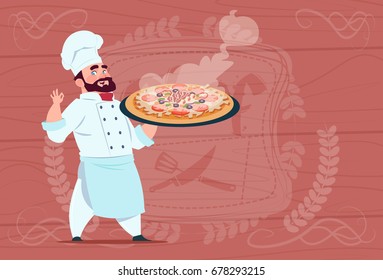 Chef Cook Holding Plate With Hot Soup Smiling Cartoon Chief In White Restaurant Uniform Over Wooden Textured Background Flat Vector Illustration