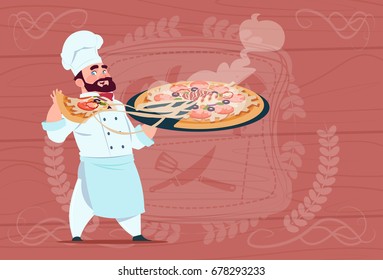 Chef Cook Holding Plate With Hot Soup Smiling Cartoon Chief In White Restaurant Uniform Over Wooden Textured Background Flat Vector Illustration