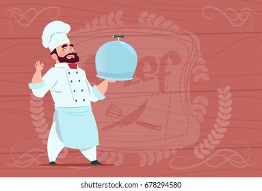 Chef Cook Holding Tray With Dish Smiling Cartoon In White Restaurant Uniform Over Wooden Textured Background Flat Vector Illustration