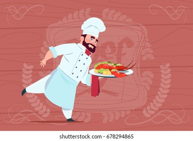 Chef Cook Holding Tray With Lobster Smiling Cartoon Chief In White Restaurant Uniform Over Wooden Textured Background Flat Vector Illustration