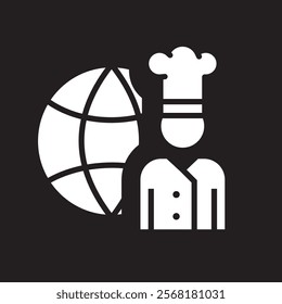 chef or cook icon, globe or earth, linear, vector illustration