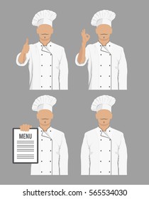 Chef Cook. Icons Of Various Gestures In Chef's Uniform. Vector Illustration.