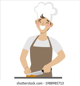 El chef aísla su cocina en un fondo blanco.  Divertida cocina deliciosa ilustración de la comida. Retratos de un chef en diferentes situaciones. Hombre con el sombrero de chef.