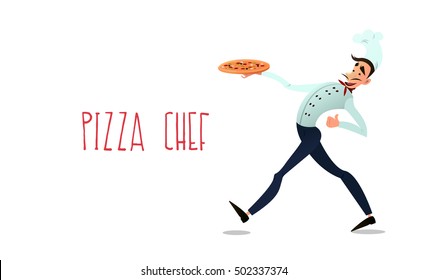 Chef Cook with Italian pizza.Pizza delivery. Vector illustration in style flat