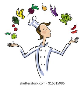 Chef cook is juggling with differents fruits and vegetables. Vector illustration on a white background.