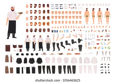 Chef, cook or kitchen worker creation set or DIY kit. Collection of body parts, facial expressions, postures, clothing. Male cartoon character. Front, side, back views. Colored vector illustration.