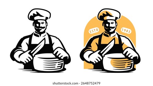 Chef cook with knife and head of cheese. Emblem symbol for packaging or label of dairy product