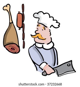 chef cook with knife and some meat