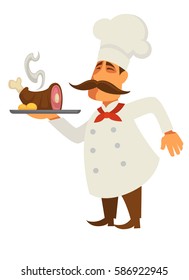Cocina del chef con pierna de cordero servida en una bandeja aislada en blanco. Cocine con uniforme blanco con bigotes largos. Cocina con ilustración vectorial de carne fresca preparada. Caricatura de profesión de cocinero al estilo de las caricaturas