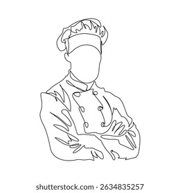 Chef cook line art vector illustration isolated on white background. Chef s Day holiday minimalist background, poster. One continuous line drawing. Labour day