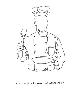 Chef cook line art vector illustration isolated on white background. Chef s Day holiday minimalist background, poster. One continuous line drawing. Labour day