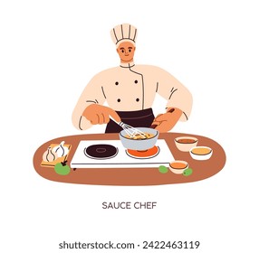 Chef cook making sauce, gourmet gravy. Professional in culinary hat cooking dish, stirring food with whisk, heating on cooker. Kitchen worker. Flat vector illustration isolated on white background