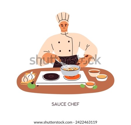 Chef cook making sauce, gourmet gravy. Professional in culinary hat cooking dish, stirring food with whisk, heating on cooker. Kitchen worker. Flat vector illustration isolated on white background