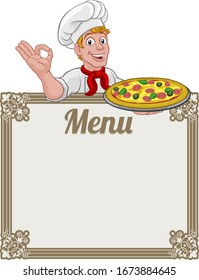 A chef cook man cartoon character giving a perfect or okay chefs hand sign. Peeking over a background menu sign and holding a pizza.