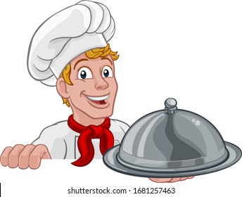 A chef cook man cartoon character holding a domed cloche food tray and peeking over a background sign

