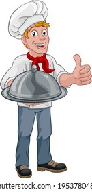 A chef cook man cartoon character giving a thumbs up hand sign and holding a domed cloche food tray
