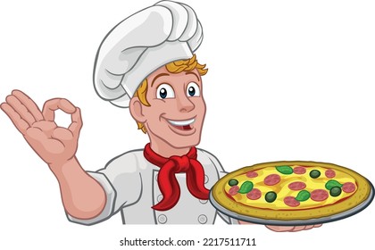 A chef cook man cartoon character giving a perfect or okay chefs hand sign. Peeking over a background sign and holding a pizza.