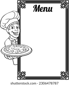 A chef cook man cartoon character peeking around a background menu sign and holding a pizza.