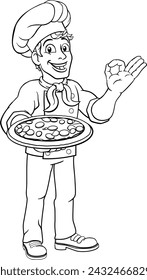A chef cook man cartoon character giving a perfect or okay chefs hand sign and holding a pizza.