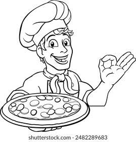 A chef cook man cartoon character giving a perfect or okay chefs hand sign and holding a pizza.