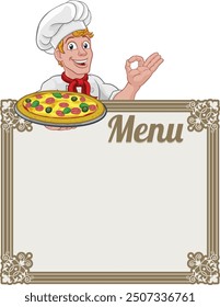 Un personaje de dibujos animados de un cocinero chef dando un signo de mano de chef perfecto o bien. Echando un vistazo sobre un cartel de menú de fondo y sosteniendo una pizza.