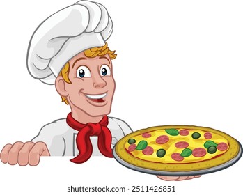 A chef cook man cartoon character peeking over a background sign and holding a pizza.