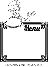 A chef cook man cartoon character giving a perfect or okay chefs hand sign. Peeking over a background menu sign and holding a cloche domed food tray