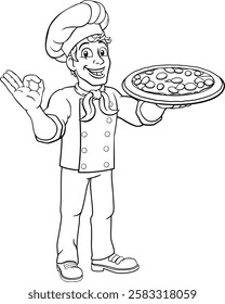 A chef cook man cartoon character giving a perfect or okay chefs hand sign and holding a pizza.