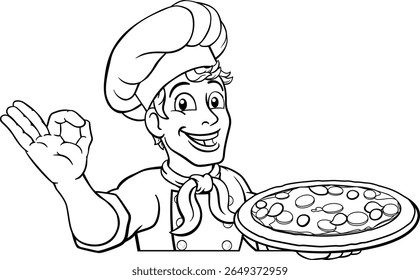 A chef cook man cartoon character giving a perfect or okay chefs hand sign. Peeking over a background sign and holding a pizza.