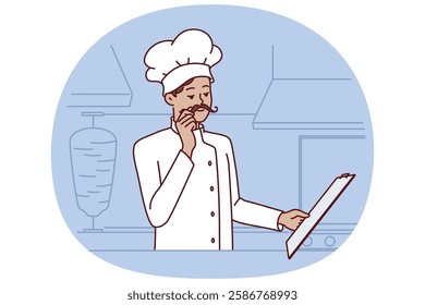 Chef cook man stands in kitchen street food restaurant and holds clipboard with menu getting ready for new working day. Chef guy makes career in restaurant industry and touches mustache