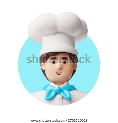 Chef cook man wearing restaurant uniform with hat. 3D plastic style vector icon. Cartoon friendly professional cook, food business, kitchen staff character round frame avatar