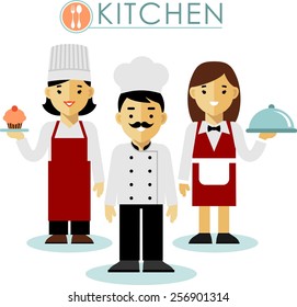 Chef cook man and woman, waitress in uniform in flat style