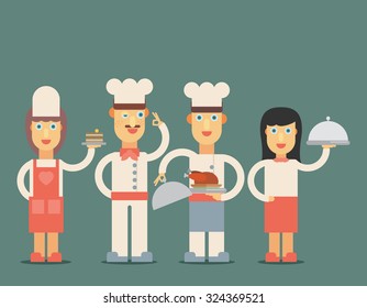 Chef cook man and woman, waitress in uniform in flat style