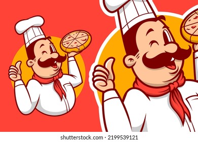 Chef cook master with moustache cartoon mascot emblem logo