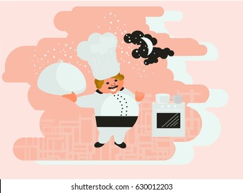 Chef cook on a kitchen with a plate.Vector illustration in flat style