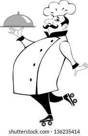 Chef cook on roller skates bringing a platter, black and white vector cartoon