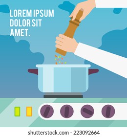 Chef cook with pepper mill and boiling pot flat poster vector illustration