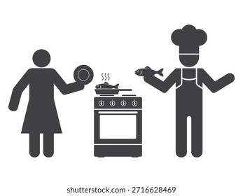 chef cozinheiro pessoa com peixe na mão perto do forno elétrico e mulher dona de casa ícone