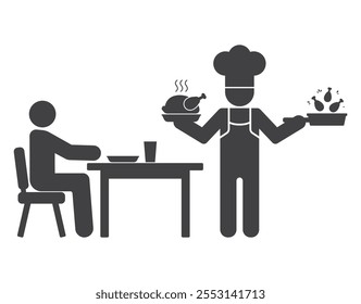 chef cook person with fried chicken in plate and guest client sitting for table icon