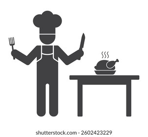 chef cook person with fried chicken on table and fork knife in hand icon