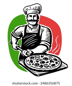 Chef cook with pizza on background Italian flag. Pizzeria restaurant logo. Emblem vector illustration
