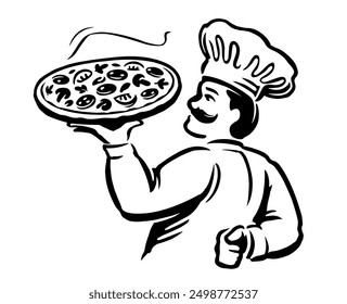 Chef cook with pizza. Restaurant Italian food emblem or logo. Hand drawn vector illustration