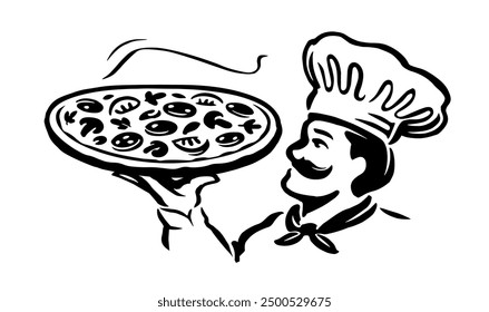 Chef cook with pizza tray in hand, emblem. Restaurant or pizzeria logo. Black and white drawing illustration