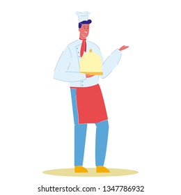 Chef Cook with Plate Cartoon Vector Illustration. Man in Professional Uniform. Male Character with Tray and Cloche Rid. Cafe, Restaurant. Baker.Confectionery Shop, Store. Job, Occupation