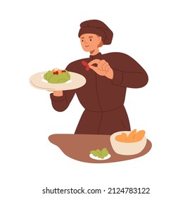 Chef cook preparing dish, decorating food. Professional in culinary art, haute cuisine in restaurant. Adding final touch in fine dining. Flat vector illustration isolated on white background