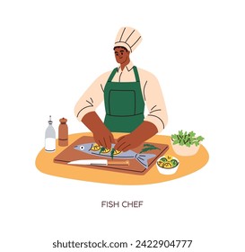 Chef cook preparing fish. Kitchen worker in hat cooking sea food, gourmet dish, meal. Culinary professional making salmon with lemons and spices. Flat vector illustration isolated on white background