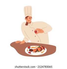 Chef cook preparing food, decorating dish in haute cuisine restaurant. Woman adding final touch, cooking. Culinary art, fine dining concept. Flat vector illustration isolated on white background