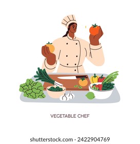 Chef que prepara verduras para cocinar platos vegetarianos. Profesional culinario en tabla de cortar con verduras sanas para comida vegana, ensalada. Ilustración vectorial plana aislada en fondo blanco