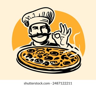 Chef cocinero presentando deliciosa pizza. Restaurante de comida rápida, logotipo o emblema de la cocina italiana. Ilustración vectorial de dibujo