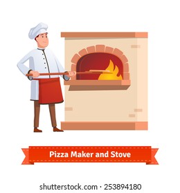 Chef cocinero poniendo pizza en una cáscara a un horno de piedra de ladrillo con fuego. Icono o ilustración de estilo plano. Vector EPS 10.